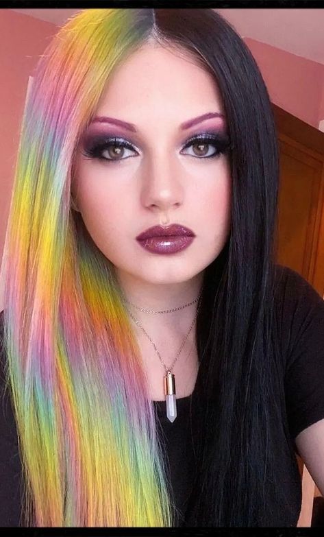 Black And Rainbow Split Dye, Short Hair Rainbow Color, Half Black Half Rainbow Hair, Vaporwave Hair, Half And Half Hair Color Ideas, Vaporwave Character, Half Rainbow Hair, Purple Split Hair, Black Rainbow Hair