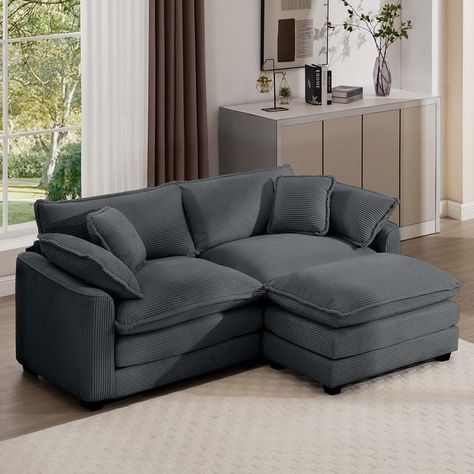 Grey 2-Seater Sectional Sofa Set with Ottoman & Removable Armrests - Bed Bath & Beyond - 41307965 Corduroy Sofa, Small Living Spaces, Sofa With Ottoman, Retro Elements, Grey Sofa Bed, Modular Sectional Sofa, Sectional Sofas, Seat Design, Corduroy Fabric