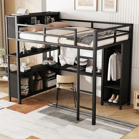 Product Features Modern Style: This full metal loft bed with desk is an ideal gift for a child! The simple and airy look suits any room style. Our loft bed is versatile and perfect for apartments, dorms, and teenage rooms! Loft Bed Storage, Loft Bed With Wardrobe, Loft Bed For Kids, Loft Beds For Teens, Desk And Wardrobe, Black Bed Frames, Loft Bed With Storage, Full Size Bunk Beds, Loft Bed Ideas