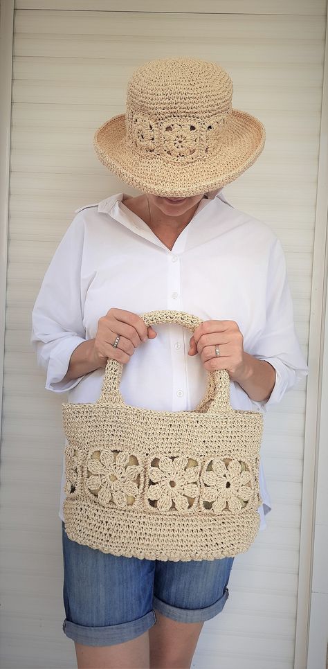 Crochet Summer Set, Summer Hat Crochet, Beach Bag Crochet, Crochet Hat Sizing, Trend Bag, Summer Beach Bag, Paper Yarn, Crochet Shoulder Bag, Natural Paper