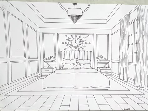 One Point Perspective Drawing Bedroom, Architecture Beginner, Bedroom Perspective Drawing, One Point Perspective Drawings, Perspective Drawing Room, Trailer Home Remodel, Bedroom Perspective, One Point Perspective Room, Interior Coloring Pages