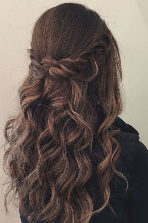 28 Captivating Half Up Half Down Wedding Hairstyles---brunette wedding hairstyle with braids and natural curls, boho weddings, vintage weddings, spring fall and winter weddings Hairstyle With Braids, Grad Hairstyles, Wedding Hair Brunette, Hairstyles With Braids, Rambut Brunette, Half Up Half Down Wedding, Wedding Hairstyles Bridesmaid, Simple Prom Hair, Quinceanera Hairstyles