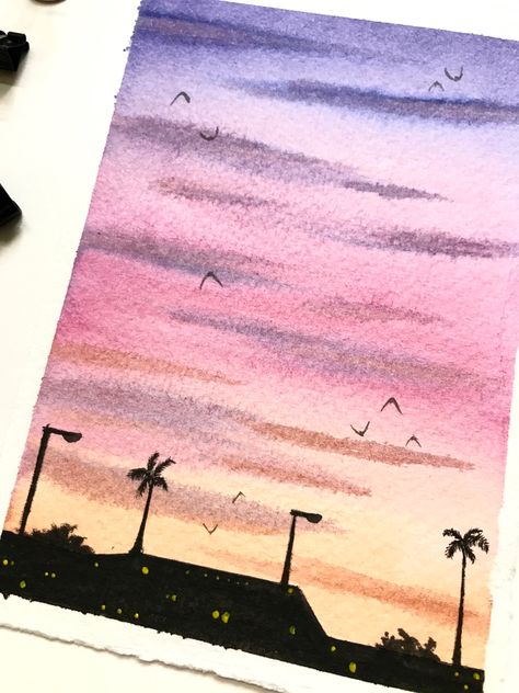 Watercolor Sunset Sky, Sunset Sky Painting, Painting Silhouette, Bible Project, Gold And Black Background, Water Coloring, Painting Reference, Pastel Sunset, Watercolor Sky