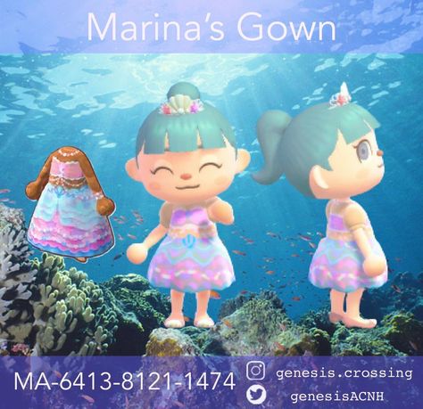 Custom Design Animal Crossing, Acnh Mermaid, Acnh Themes, Design Animal Crossing, Mermaid Dress Pattern, Acnh Motifs, Princess Oc, Mermaid Cookie, Acnh Custom Design