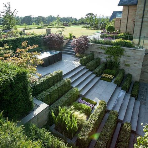 Tiered Backyard, Garden Layering, Sloped Backyard Landscaping, Landscape Stairs, Landscape Steps, Sloped Backyard, Garden Stairs, Exterior Stairs, Sloped Garden