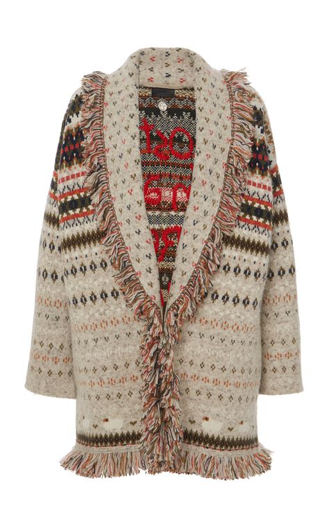 Luxury Merino Wool Knit Outerwear, Luxury Cotton Jacquard Knit Outerwear, Alanui Cardigan, Luxury Bohemian Long-sleeve Cardigan, Luxury Garment-dyed Long Sleeve Denim Jacket, Cozy Chic, Fringe Trim, Cashmere Cardigan, Shawl Collar