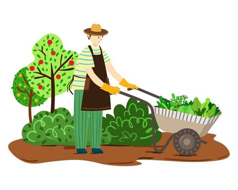 Countryside illustration of a cute gardener with a wheelbarrow with a harvest on the background of rural nature💚🌽🌿 --------------- You can BUY my illustrations on Shutterstock (link in this Pin) or write to me personally! Thank you!😊 Countryside Illustration, Farmer Illustration, Berry Picking, Garden Illustration, Illustration Cute, Website Illustration, Illustrations And Posters, Farm Fresh, Children Illustration