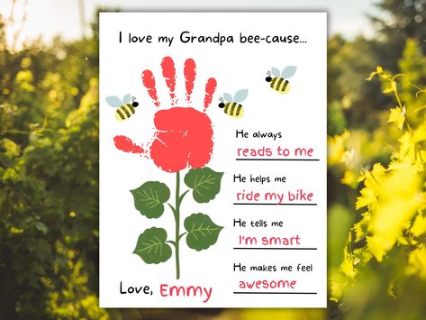 This Grandpa Handprint Keepsake Craft is the perfect personalized keepsake gift for Grandparents Day.  A gift from the heart is just what every Grandpa wants on his special day, and this handprint keepsake gift is perfect!  Tell Grandpa why you love him with this sweet keepsake gift. Perfect for Grandparents Day or anytime you want to tell him you love him.  Perfect for a last minute Father's Day gift! You will receive the following in one PDF files(8.5" X 11" pages): 🧢 Version 1:  (Grandpa):  "I love my Grandma bee-cause..." 🧢 Version 2:  (Generic):  "I love you bee-cause..." ------------------------------------------------- 🧢HOW TO USE: 1) Download and print 2) Using child-safe, non-toxic paint, have your child add their handprint for the flower, and thumbprints for the bees.  INSTANT Papa Tag, Craft Handprint, Kindergarten Craft, Handprint Keepsake, Grandparents Day Crafts, I Love My Grandma, Kids Day, Keepsake Crafts, Grandparents Day Gifts