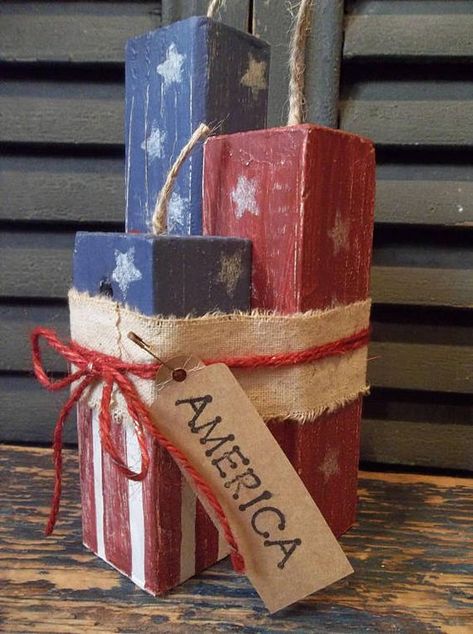 Fouth Of July Crafts, Patriotic Crafts Diy, Fire Crackers, Fire Cracker, Block Signs, Americana Crafts, Coffee Table Plans, Wood Block Crafts, Dry Sink