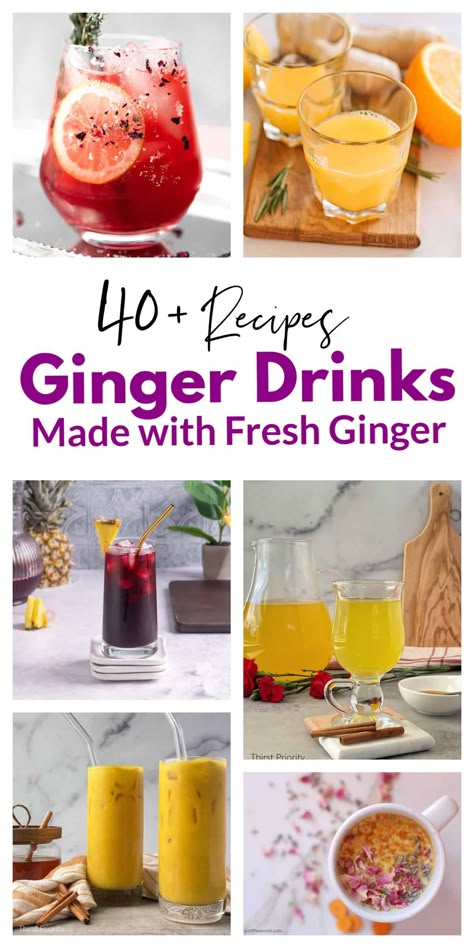 These ginger drink recipes are all homemade with fresh ginger root. This collection of delicious ginger drinks covers a wide variety of cocktails, mocktails, teas, shots, and smoothies. Some have alcohol and some do not. Each and every ginger drink recipe has one thing in common - the amazing anti-inflammatory properties of using fresh ginger. Ginger Milk Tea Recipe, Ginger Root Recipes, Ginger Iced Tea Recipe, Drinks With Sprite, Ginger Drink Recipe, Ginger Drinks, Ginger Smoothie Recipes, Ginger Root Tea, Ginger Cocktails