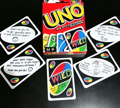 UNO using Zones of Regulation.. With UNO with customizable wild cards. Custom Uno Cards Aesthetic, Uno Wild Card Ideas, Uno Wild Card, Uno Drinking Game, Custom Uno Cards, Personalized Deck Of Cards, Lit Party, Bd Ideas, Classic Memes