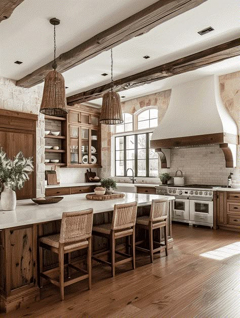 25 Cozy Farmhouse Kitchen Ideas for That Rustic Feel Timber Frame Kitchens, Wooden Beam Kitchen, Rustic Beams In Kitchen, Exposed Trusses Kitchen, Kitchen Ideas Earthy, Wood Beams On Ceiling Kitchen, Wooden Beams In Kitchen, Beams In Kitchen Ceiling, Wood Beam Kitchen