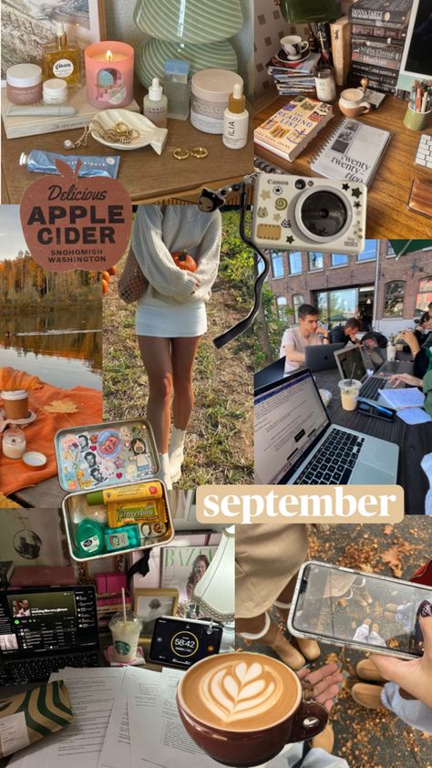 september, fall, autumn inspo, school inspo, study aesthetic School In Autumn Aesthetic, September Collage, October Collage Aesthetic, September Mood Board, Autumn Collage Wallpaper, Autumn Aesthetic Collage, Cozy Fall Aesthetic Collage, September Mood, Snohomish Washington