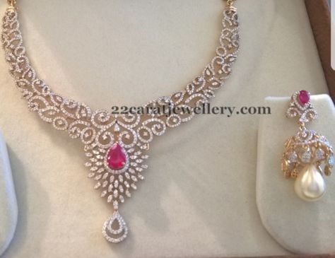 #PinkSapphire #Diamond #Necklace #Earrings #jewellery Diamond Earrings Indian, Diamond Jewlery, Diamond Necklace Indian, Diamond Star Necklace, Diamond Necklace Designs, Pearl And Diamond Necklace, Diamond Necklace Set, Diamond Jewelry Necklace, Jewelry Appraisal