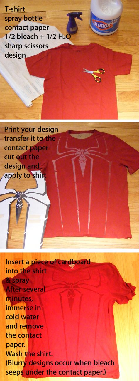 DIY bleach Spiderman shirt. Amazing! Spiderman Accessories Diy, Spiderman Bleached Shirt, Diy Spiderman Shirt, Spiderman Diy Costume, Diy Spiderman Costume, Diy Bleach, Bday Shirt, Spiderman Shirt, Scissors Design