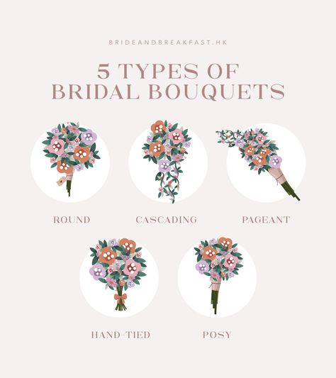 Which bouquet would you choose? | 5 Types of Bridal Bouquets Different Types Of Bouquets, Bridal Bouquet Types, Types Of Bouquets Shapes, Types Of Bridal Bouquets, Types Of Wedding Bouquets, Type Of Bouquet, Bouquet Types, Bouquet Business, Malaysian Wedding