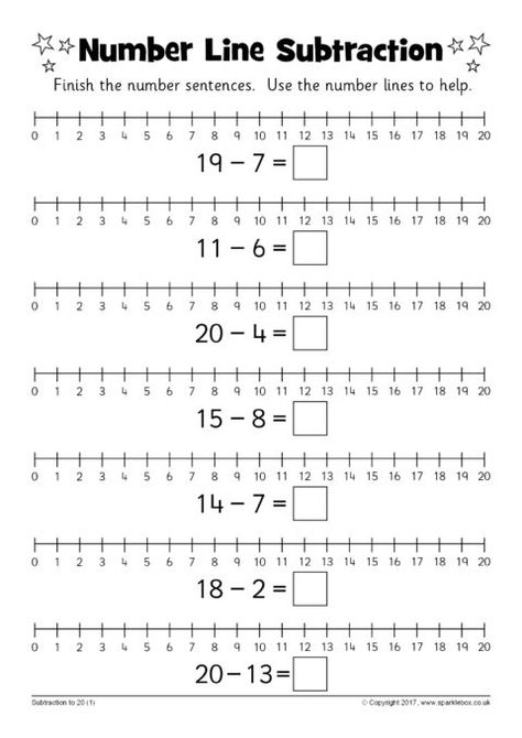 Number Line Subtraction Worksheets (SB12219) - SparkleBox Adding Using A Number Line, Numberline Addition Kindergarten, Addition Using Number Line Worksheet, Addition On Number Line Worksheet, Addition Number Line Worksheets, Add And Subtract Worksheet, Number Line Addition Worksheet, Addition With Number Line, Number Line Addition