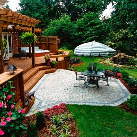 Outdoor Patio Multiple Seating Areas, Deck And Pavers Combo, Deck And Pavers Patio Design, Deck And Stone Patio Combo, Stone Patio Off Deck, Paver Patio Off Deck, Pavers Off Deck, Deck To Pavers Transition, Small Outside Deck Ideas