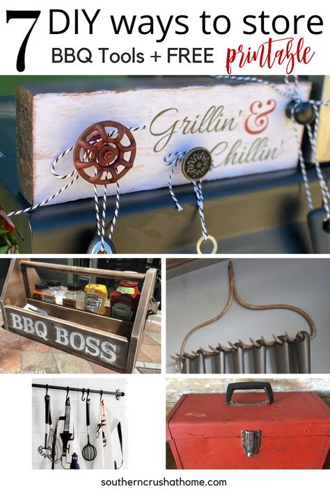 Summertime BBQ grilling is a great way to spend a summer evening. This list of 7 Clever ideas for storing bbq tools includes a FREE Grillin' & Chillin' Printable... https://www.southerncrushathome.com/7-diy-ways-to-store-bbq-tools/ #bbqgrilldiy #bbqgrilltools #bbqgrillsign #diybbqsign #diytoolstorage #bbqgrillideas #backyardbbqideas #southerncrushathome Grill Utensil Holder Diy, Bbq Accessories Storage Ideas, Storing Grilling Utensils, Grilling Tools Storage Ideas, Bbq Utensil Holder Ideas, Bbq Utensil Storage Ideas, Blackstone Accessory Storage Ideas, Grill Accessories Storage Diy, Bbq Organization Ideas