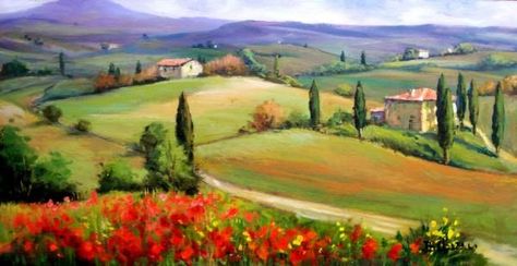 Panorama Painting, Olive Tree Painting, Tuscan Art, Tuscany Landscape, Tuscan Landscaping, Italy Landscape, Italy Painting, Italian Landscape, Holiday Painting