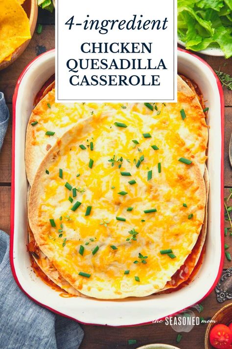 This 4-ingredient chicken quesadilla casserole comes together in just 5 minutes -- no prep work necessary! It's the ultimate family-friendly dinner to make your busy weeknights just a little bit easier. Chicken Quesadilla Casserole, Quesadilla Casserole, Chicken Quesadilla Recipe, Family Friendly Dinners, Dinners To Make, Low Carb Tortillas, Chicken Quesadillas, Sauteed Veggies, 4 Ingredient