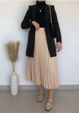 Blazer And Skirt Outfits Hijab, Beige Skirt Outfit Hijab, Modest Blazer Outfits, Pleated Skirt And Blazer Outfit, Wide Leg Pants Outfit Hijab, Hijab Formal Outfit, Hijabi Formal Outfits, Formal Hijab Outfit, Beige Pleated Skirt