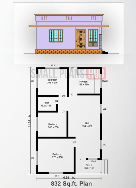 Small Home Design Plan 6.5mx12m With 3 Bedrooms - Home Low Budget Modern 3 Bedroom House Design, Compact Home Design, Simple 3bedroom House Plans, Low Budget 3 Bedroom House Plan, 800 Sq Ft House Plans 3 Bedroom, 800sq Ft House Plans, 1000 Sq Ft House Plans 3 Bedroom, 500sq Ft House Plans, Cheap House Plans