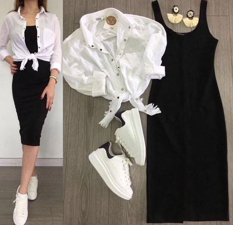 Black Dress with White Shrug Casual Sporty Outfits, Western Wear Outfits, White Outfit, Causual Outfits, Fashion Attire, Indian Fashion Dresses, Casual Chic Outfit, Simple Trendy Outfits, Sporty Outfits