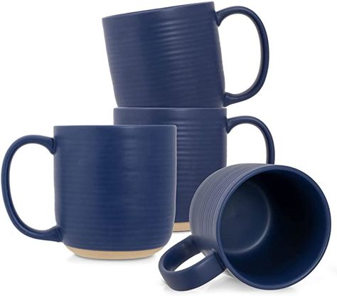 Amazon.com: Elanze Designs Ribbed Ceramic Stoneware 13 ounce Raw Clay Bottom Coffee Mugs Set of 4, White : Home & Kitchen Kitchen Modern Farmhouse, Coffee Mugs Set, Ceramic Stoneware, Blue Cups, Enjoy Coffee, Effortless Beauty, Mugs For Men, Thrown Pottery, Ceramic Base