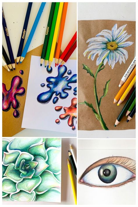 4 Distance Learning Colored Pencil Art Tutorials - THAT ART TEACHER Colored Pencil Artwork Ideas, Prismacolor Drawing, Daisy Drawing, Colored Pencil Art Projects, Colored Pencil Art, Blending Colored Pencils, Colored Pencil Drawings, Eye Drawing Tutorials, Colored Pencil Artwork