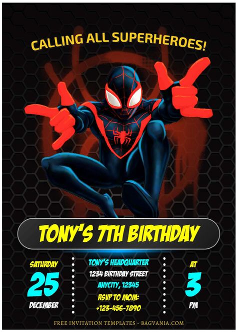 Cool (Free Editable PDF) Ultimate Spiderman Miles Morales Birthday Invitation Templates #free #freeinvitation2019 #birthday #disney #invitations #invitationtemplates Miles Morales Birthday Invitations, Miles Morales Birthday, Spiderman Birthday Party Decorations, Spiderman Birthday Invitations, Spiderman Invitation, Spiderman Miles Morales, Spiderman Miles, Free Printable Invitations Templates, Cars Birthday Invitations