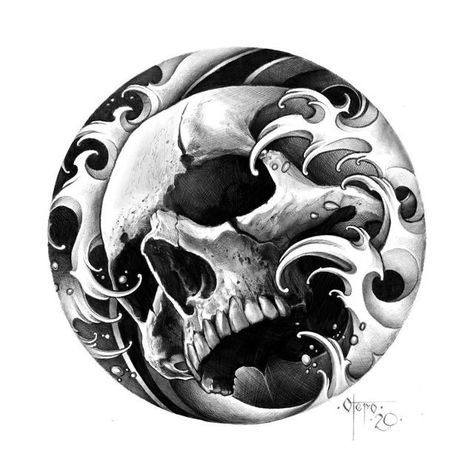 Dark Skull Art, Tattoo Skull Design, Skull Tattoo Sketch, Black And Grey Tattoo Design, Lion Art Tattoo, Black Line Tattoo, Black And Grey Tattoo, Skull Sleeve Tattoos, Japan Tattoo Design