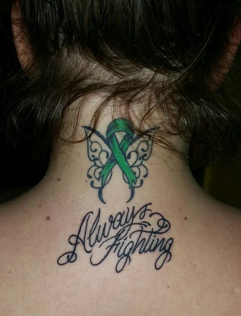 Neuromyelitis Optica green support ribbon tattoo Green Ribbon Tattoo Ideas, Fibromiologia Tattoo, Green Ribbon Tattoo, Transplant Tattoo, Kidney Tattoo, Lymphoma Tattoo, Mental Health Ribbon, Transverse Myelitis, Survivor Tattoo