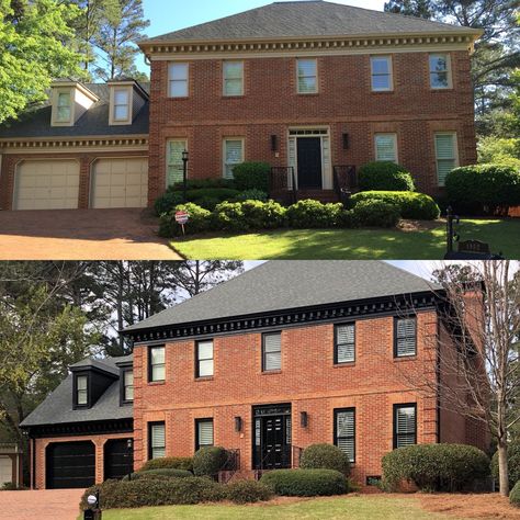 Black Trim On Red Brick House, Black Trim Brick Exterior House, Black Trim Red Brick House, Brick Home Black Trim, Brick House Black Trim Exterior, Red Brick House Remodel, Orange Brick With Black Trim, Black Trim On Brick House, Exterior Brick Transformation