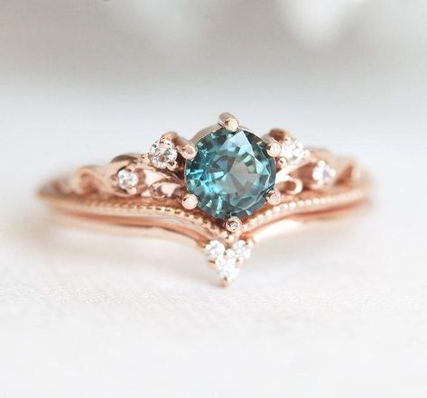 Teal Sapphire Engagement Ring, Round Sapphire Ring #EngagementRings Round Sapphire Engagement Ring, Round Sapphire Ring, Sapphire Antique Ring, Vintage Inspired Engagement Rings, Antique Engagement Ring, Teal Sapphire, Round Sapphire, Diamond Ring Settings, Engagement Rings Round