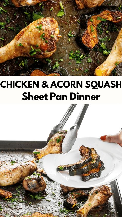 Chicken and acorn squash are sprinkled with cinnamon, salt, pepper, and olive oil then roasted until golden brown. This simple sheet pan dinner recipe is perfect for busy week nights! Acorn Squash Recipes, Lemon Bowl, Sheet Pan Chicken, Sheet Pan Dinners Recipes, Yummy Chicken, Chili Recipe Easy, Bowl Recipes, Pan Meals, Pan Chicken