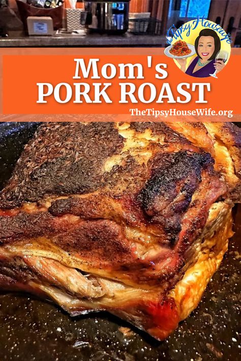 The photo shows a delicious pork roast seasoned to perfection from the oven. A brightly colored banner displays the name of the recipe: Moms pork roast. Hygge Recipes, Roast Brisket, Pork Roast Recipe, Tipsy Housewife, Bread Dumplings, Pork Roast Recipes, Pork Bacon, Pork Ham, Buttered Noodles