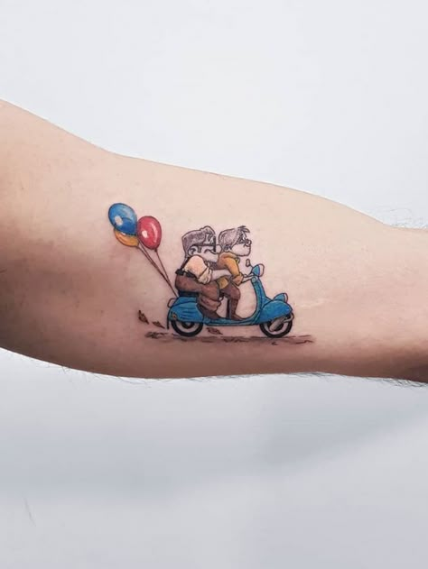 The Best Small & Colorful Tattoos - TheTatt Disney Up Tattoo, Small Colorful Tattoos, Up Tattoo Ideas, Painless Tattoo, Full Tattoo, Movie Tattoo, Movie Tattoos, Couple Tattoos Unique, Disney Up