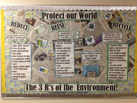 Passive Board: Reduce, Reuse, Recycle. Example of an environmental awareness theme Recycle Bulletin Board Ideas, Environmental Science Projects, Eco Club, Environmental Posters, Recycling Activities, Primary School Art, Teaching Esl, School Board Decoration, Eco Crafts