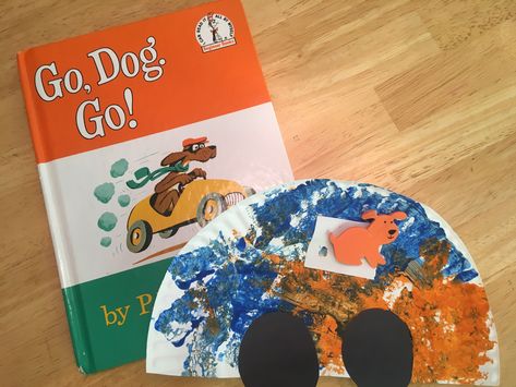 Transportation preschool themed Go Dog Go, painted paper plate craft with foam dog sticker Pets Theme Art Preschool, Go Dog Go Craft Preschool, Preschool Pet Theme Crafts, Go Dog Go Craft, Pets Preschool Theme Crafts Art Projects, Go Dog Go Activities Preschool, Go Dog Go Activities, Prek Pets Theme Activities, Butterflies Crafts