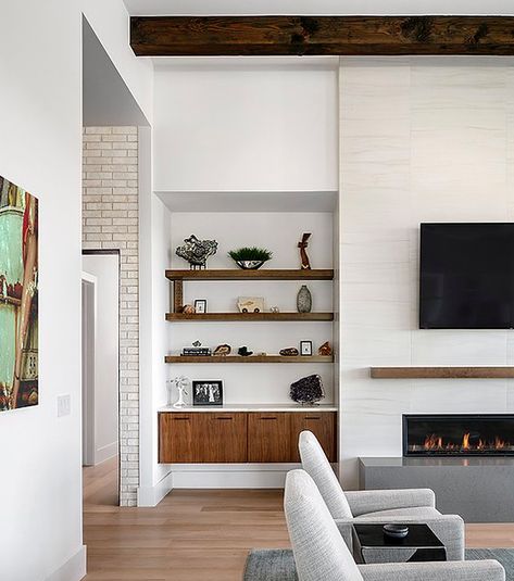 Modern Cabinets Living Room, Modern Built Ins Around Fireplace, Living Room Built Ins Modern, Minimalist Living Room Fireplace, Mid Century Built Ins Living Room, Mid Century Modern Built Ins Bookshelves, Modern Built Ins Living Room, Bookshelves In Living Room Modern, Modern Fireplace Built Ins