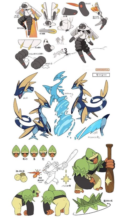 Not official, but impressive Pokemon Starters Final Evolutions, Fakemon Ideas Starters, Fakemon Water Starter, Fanmade Pokemon Starters, Pokemon Fake Evolutions, Fire Type Fakemon, Sobble Evolution, Fakemon Starter, Water Fakemon