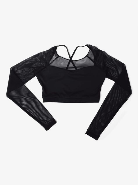 Black - White Crop Top | DiscountDance.com Dance Class Outfit, Dance Crop Tops, Solo Costume, Class Outfit, Black Two Piece, Dance Tops, Dance Class, Mesh Long Sleeve, Do Your Best