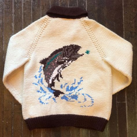 Crochet Fish Sweater, Fish Sweater, Cool Jumpers, Duplicate Stitch, Cowichan Sweater, Crochet Fish, Animal Sweater, Baby Sweater Patterns, Style Bundle