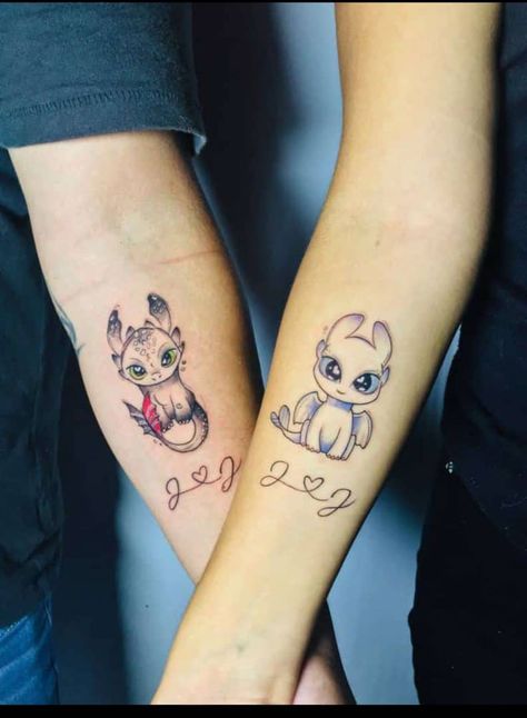 Matching Disney Tattoos, Toothless Tattoo, Disney Couple Tattoos, Whimsical Tattoo, Ankle Band Tattoo, Disney Stitch Tattoo, Disney Inspired Tattoos, Couple Disney, Tattoo Ideas Unique