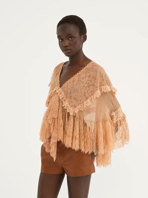 Chloe Women's Fall 2024 | Chloé US official site Silk Chiffon Blouse, Fall 24, Silk Lace, Black Lace Tops, Fabric Covered Button, Lace Making, Lace Collar, Chiffon Blouse, Top Fabric