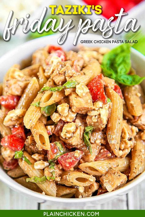 Taziki Recipe, Greek Chicken Pasta, Chicken Feta, Chicken Pasta Salad Recipes, Pasta Homemade, Homemade Vinaigrette, Pasta Chicken, Greek Salad Pasta, Greek Pasta