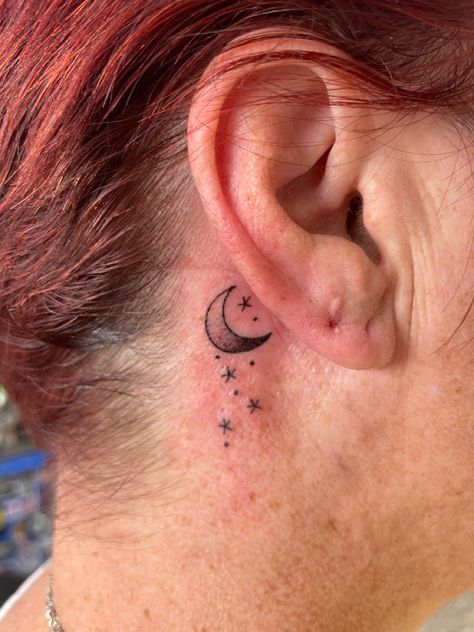 Moon And Stars Tattoo Behind Ear, Moon Behind Ear Tattoo, Tragus Tattoo, Star Face Tattoo, Star Tattoos Behind Ear, Back Ear Tattoo, To The Moon And Back Tattoo, Moon And Stars Tattoo, Face Tattoos For Women