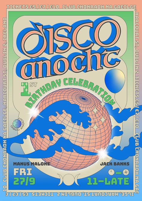 Disco Anocht - Bureau Bonanza Disco Design Graphics, Disco Event Poster, Retro Disco Poster, Dj Night Poster, Disco Graphic Design, Disco Core, Disco Flyer, Dj Aesthetic, Disco Design