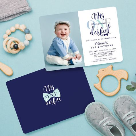 Mr One Derful Navy Blue 1St Birthday Photo Invitation #zazzle #weddinginvitations #birthdayinvitations #babyshowerinvitations #zazzleinvitations #monogram #businesscards #graduation #homedecor Navy Blue Bow Tie, Mr Onederful, 1st Birthday Photo, Photo Birthday Invitations, 1st Birthday Photos, Photo Birthday, First Birthday Party Themes, Blue Bow Tie, 19th Birthday